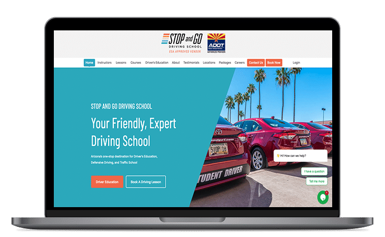 Laptop displaying the Stop & Go Driving School website, featuring a blue header with the school name, navigation menu, and images of student driver cars, emphasizing their expertise in driver education and traffic safety.
