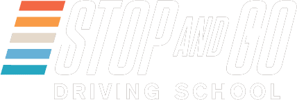 Logo of Stop & Go Driving School, featuring colorful stripes and bold text, representing a driving education institution in Arizona.