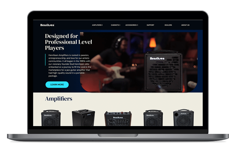 Henriksen Amplifiers website showcasing portable amplifiers designed for professional musicians, featuring a modern layout and engaging visuals.