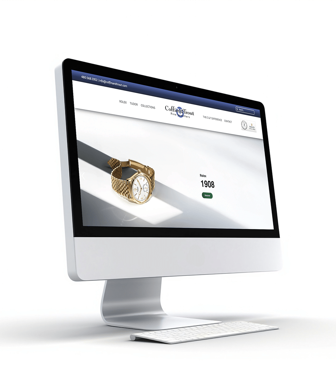 Coffin & Trout Fine Jewelers website showcasing a luxury Rolex watch with a gold band, highlighting the brand's elegance and craftsmanship in fine jewelry.
